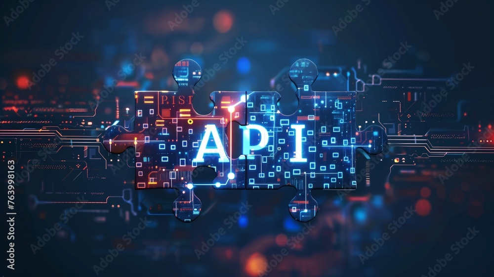 Digital representation of API integration concept with two interlocking puzzle pieces against a futuristic tech-inspired abstract background, symbolizing connectivity and interoperability. - obrazy, fototapety, plakaty 