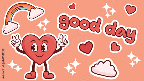 Stickers in groovy style, cartoon character heart, good day, rainbow, vector illustration
