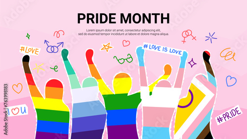 Pride Month collage concept. Vector illustration with paper silhouettes of people colored pride month flags. Collage with cut out paper silhouettes of people and doodles for decoration of LGBT events. photo