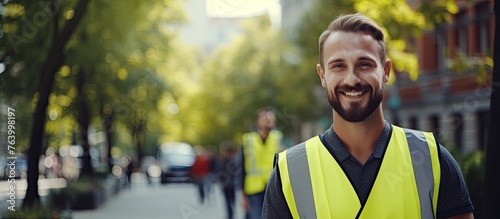 An individual in a brightly colored vest is seen standing on the edge of a footpath