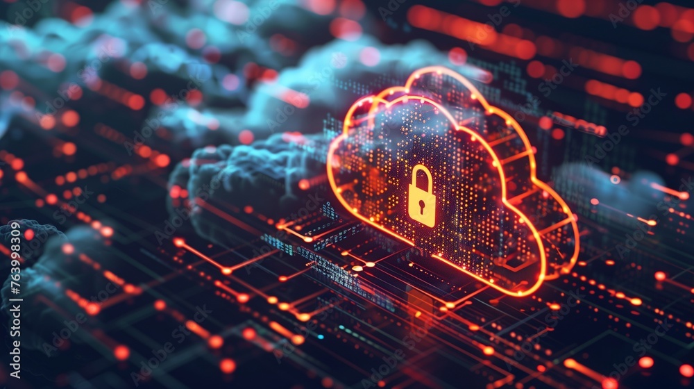 Abstract illustration of cloud security services, stylized cloud icon integrated with a secure padlock symbol, representing data protection and cybersecurity in cloud computing environments. - obrazy, fototapety, plakaty 