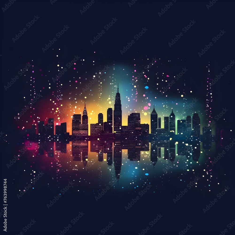 Vibrant city skyline with colorful night lights - A sparkling city skyline shimmers with bright colors against a starry sky in this vibrant urban nightscape