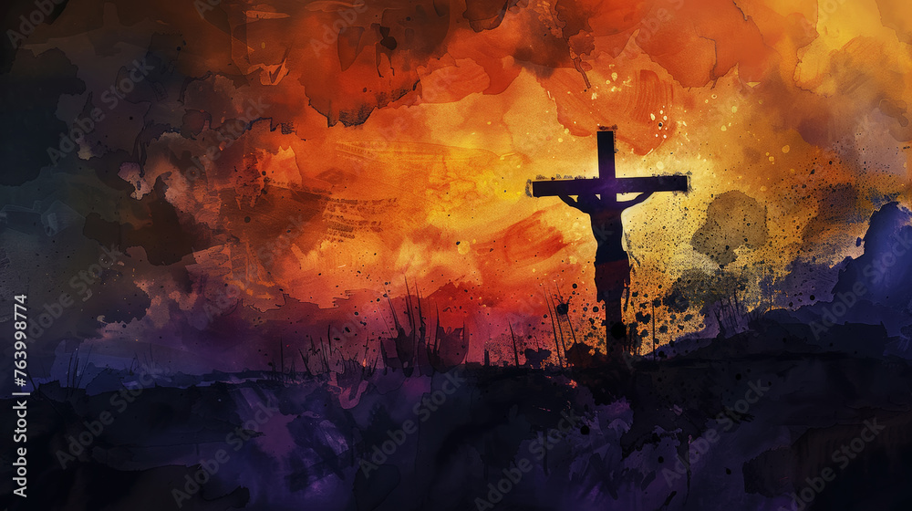 Easter crucifixion scene with silhouettes of the cross of Jesus Christ. Watercolor. Dark colours. Generative AI