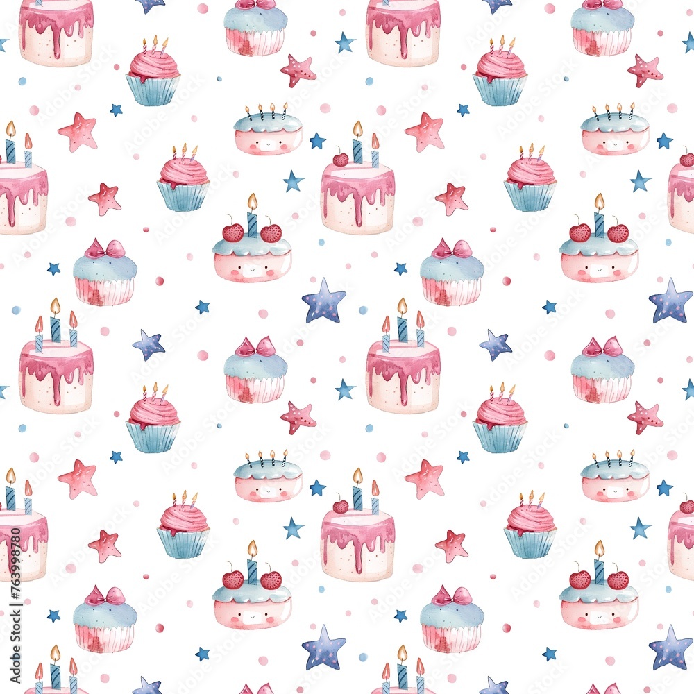 Cute seamless watercolor style pattern with cakes and candles, birthday-themed pattern, cute pattern for background, festive paper 