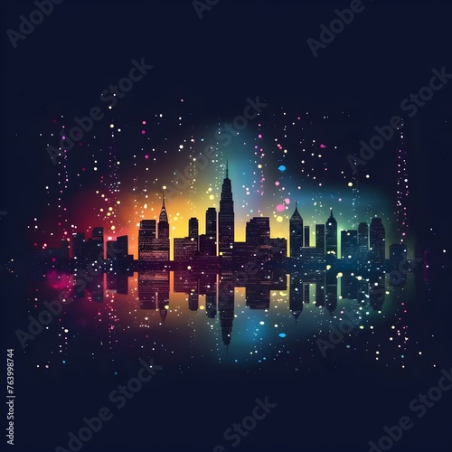Vibrant city skyline with colorful night lights - A sparkling city skyline shimmers with bright colors against a starry sky in this vibrant urban nightscape