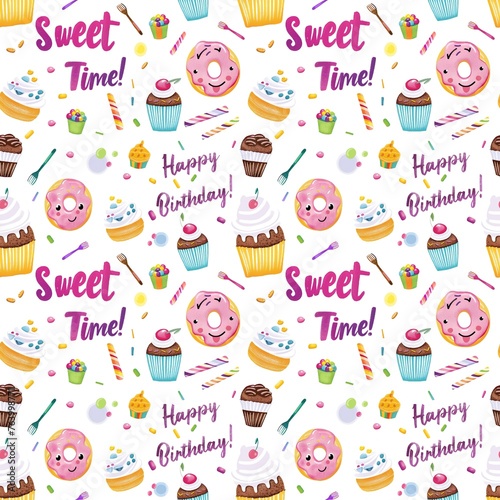 Seamless pattern for birthday, birthday design, seamless pattern for background, colorful pattern with cakes and birthday inscriptions, juicy pattern 