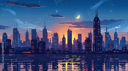 Pixelated cityscape with sunset and reflections - A pixel art cityscape features warm sunset hues reflecting on calm water, with a crescent moon in the sky