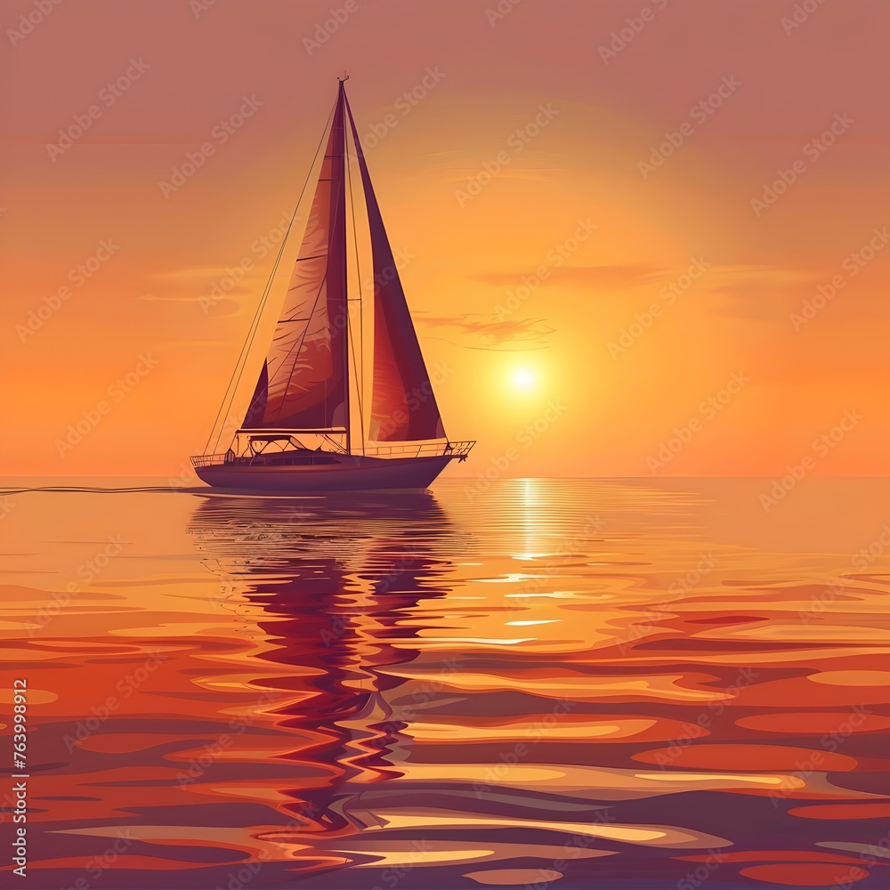 Sunset Sailing on the Calm Sea - A peaceful illustration of a sailboat on a tranquil sea during a vibrant sunset