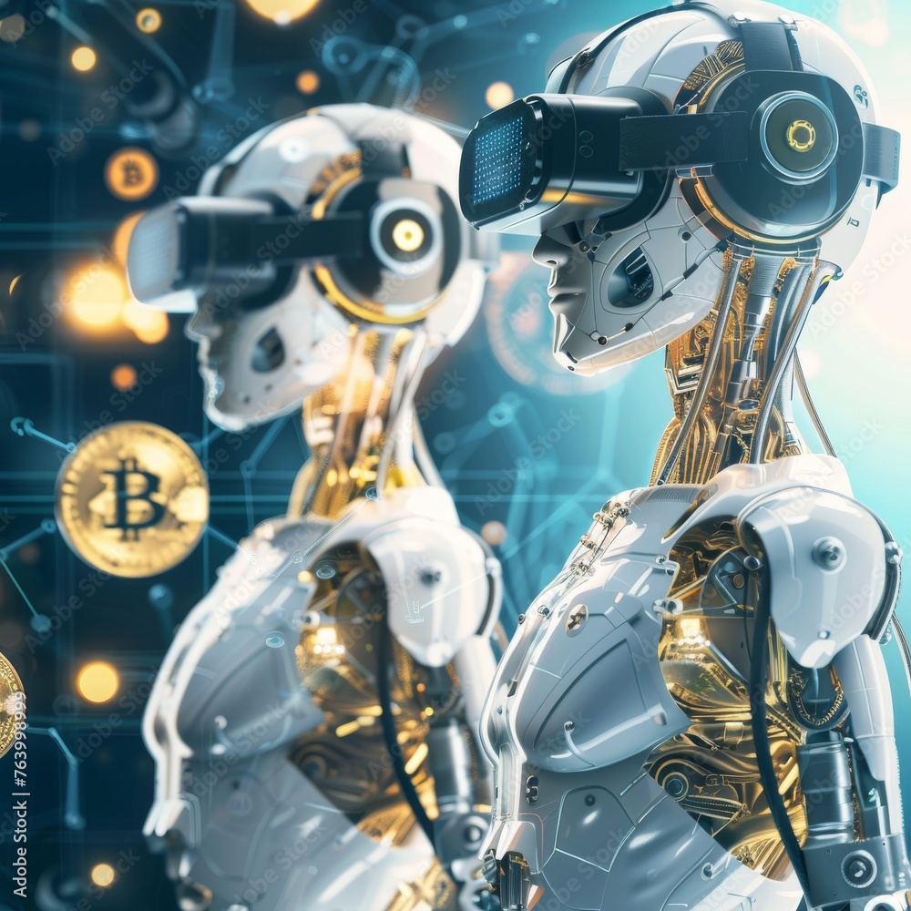 Fototapeta premium A high-tech robot dons a virtual reality headset, immersing itself in cryptocurrency data analysis in a digital space.