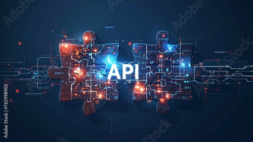 Digital representation of API integration concept with two interlocking puzzle pieces against a futuristic tech-inspired abstract background, symbolizing connectivity and interoperability. photo
