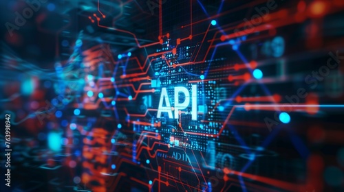 A digital technology background with a focus on the acronym API, which stands for Application Programming Interface, highlighted in the center amidst abstract high-tech elements and binary code. photo