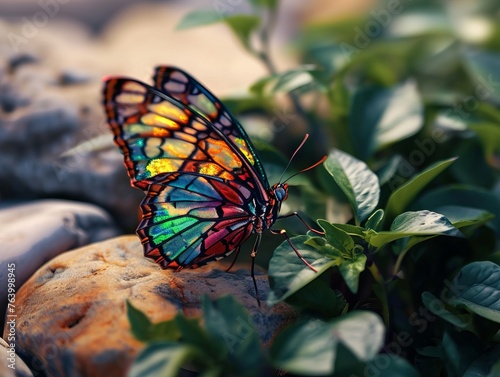 Vivid monarch butterfly perched on a rock amidst green foliage, showcasing natural beauty and wildlife, perfect for environmental themes and educational materials.
