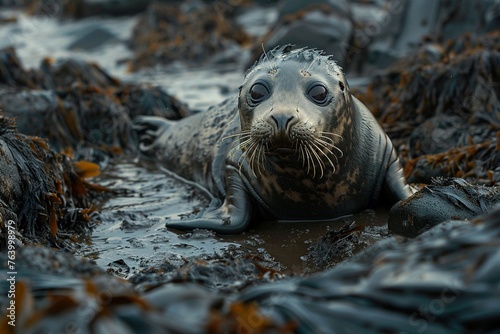 Seal pup amidst oil patches, rocky coast, twilight, vulnerable, sad eyes
