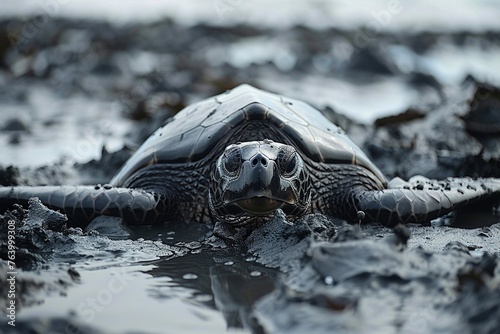 Sea turtles entangled in tar, beach, midday, heart-wrenching, immobilized