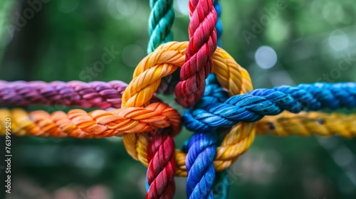 Diverse team strength in integrated rope network symbolizing unity, support on colorful background.