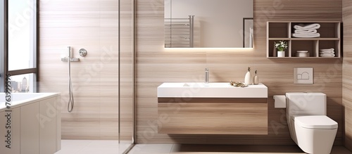 A contemporary bathroom featuring essential fixtures like a toilet, basin, and shower stall