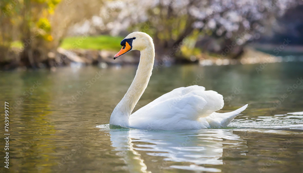 White swan swimming in river or pond. Beautiful bird. Natural background. White swan swimming in river or pond. Beautiful bird. Natural background.