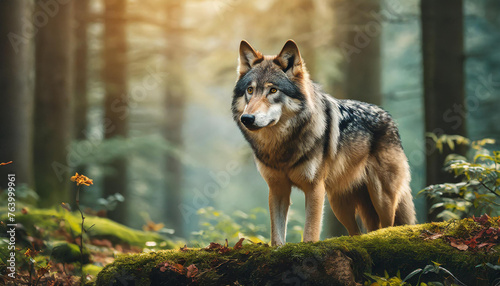 Portrait of gray wolf in green woods. Wild forest animal. Natural spring scenery.