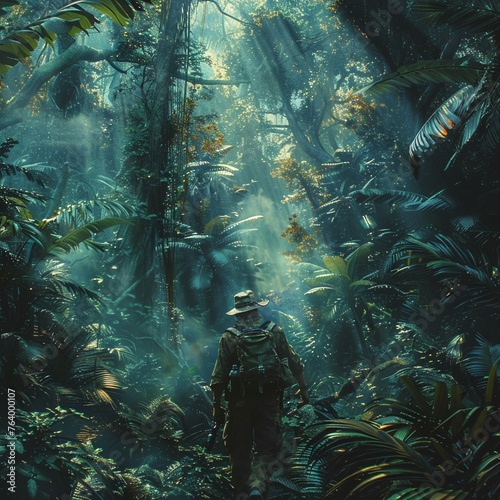Bring the sense of adventure to life with a rear view shot of a treasure hunter navigating a mysterious jungle Show the anticipation and excitement in their body language as they search for the ultima photo