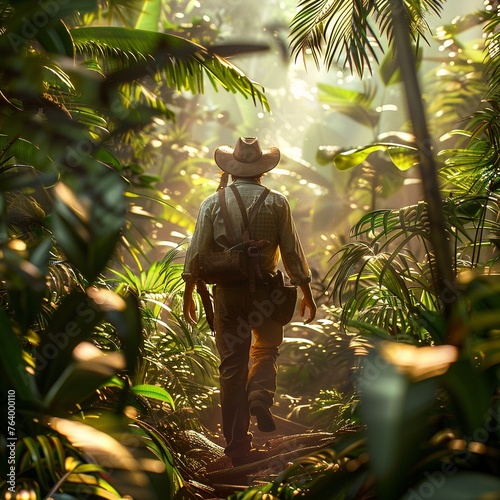 Bring the sense of adventure to life with a rear view shot of a treasure hunter navigating a mysterious jungle Show the anticipation and excitement in their body language as they search for the ultima