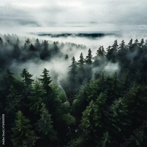 "Misty Majesty: Overhead View of Evergreen Forest with Rolling Fog, Resembling the Pacific Northwest" 