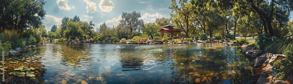 Capture the essence of holistic healing in a captivating panoramic image, featuring a serene landscape with elements like a tranquil garden, flowing water, healing crystals, and individuals practicing