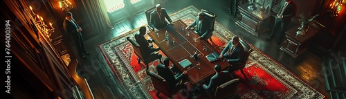 Capture the tense atmosphere of a clandestine meeting between high-ranking crime syndicate members in a dimly lit room, focusing on their body language and expressions to convey simmering tensions photo