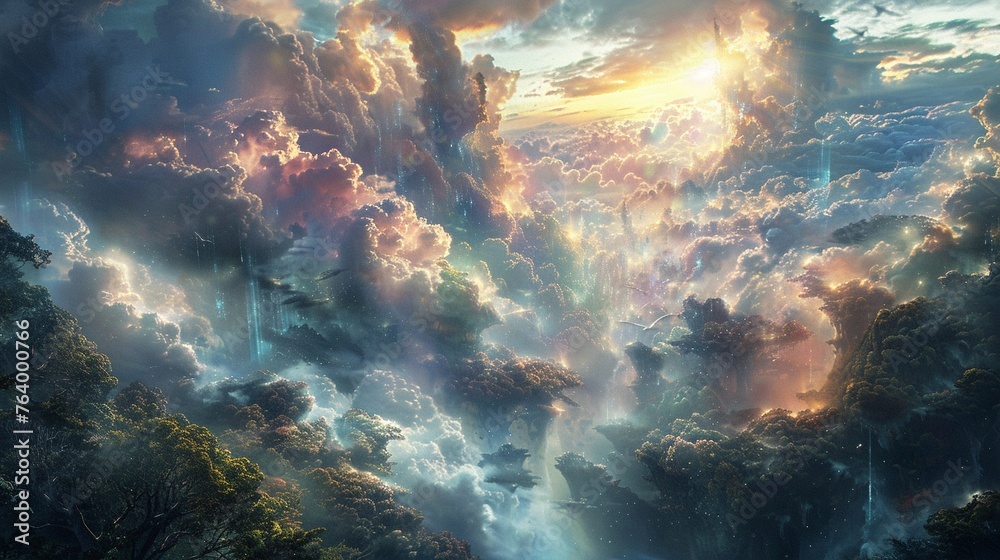 Design a visually captivating panoramic image depicting a dream realm merging seamlessly with a parallel universe Incorporate dreamlike elements intertwined with futuristic landscapes to evoke a sense