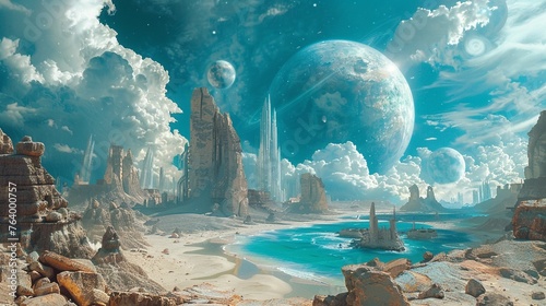 Design a visually captivating panoramic image depicting a dream realm merging seamlessly with a parallel universe Incorporate dreamlike elements intertwined with futuristic landscapes to evoke a sense photo