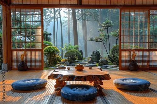 minimalistic contemporary living room design, wabi sabi japanees style photo