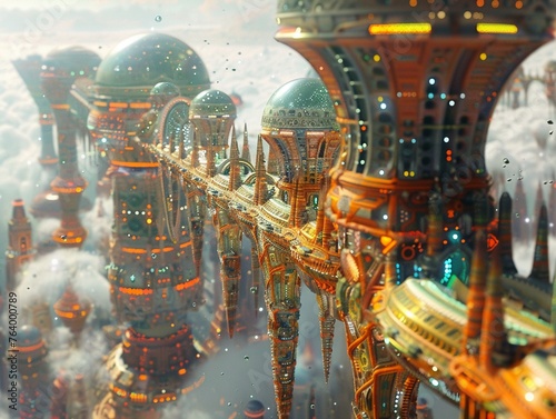 Design an eye-catching image showcasing a futuristic cityscape merging elements of Earth and alien civilizations Use vibrant colors and intricate details to illustrate the positive outcomes of cultura