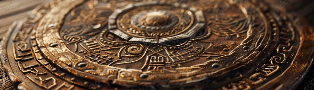 Focus on the intricate carvings and symbols adorning a Viking shield, telling stories of victories and legends from ancient voyages Highlight the craftsmanship and artistry of this essential tool for 