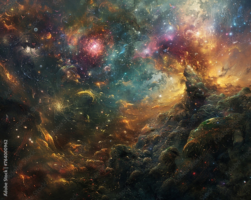 Illustrate a panoramic visualization that blurs the boundaries between dream realms and parallel universes Use a combination of symbolic imagery and abstract elements to convey the idea of multiple re Illustrate a panoramic visualization that blurs the boundaries between dream realms and parallel universes Use a combination of symbolic imagery and abstract elements to convey the idea of multiple re