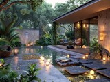 Highlight the intricate details of a serene yoga retreat, focusing on calming elements like soft candlelight, gentle flowing water, and lush greenery to create a relaxing and inviting atmosphere