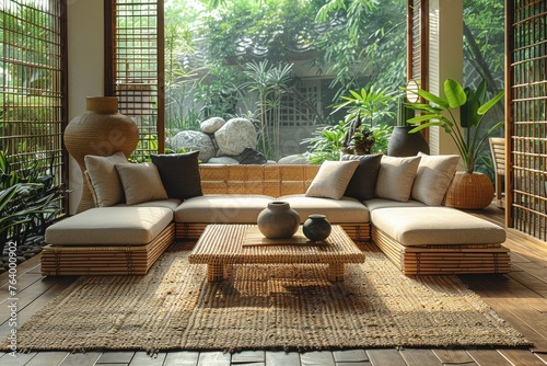 minimalistic contemporary living room design, wabi sabi japanees style photo