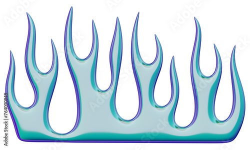3D flame. Trendy Y2K element. Iridescent colorful burning fire shape with glossy gradient effect. 3D render. Isolated illustration.