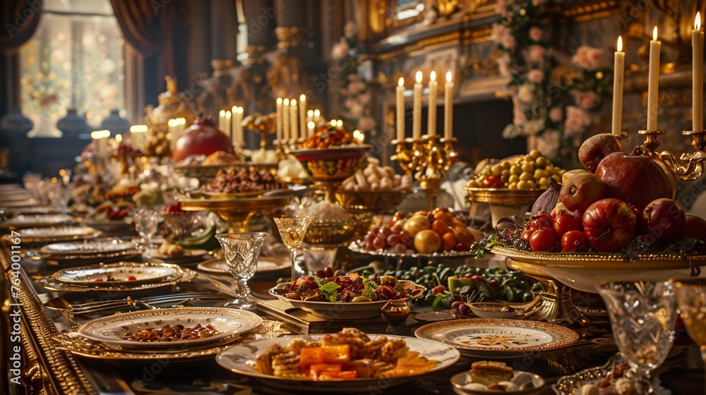 Transform the concept of historic feasts into a visually captivating rear view Emphasize the elaborate details of the banquet, from exquisite tableware to delectable cuisine, all set against a backdro