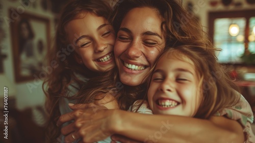 Happy family sharing a love-filled moment on Mother's day, with mother surrounded by daughter's hug bonding tenderness smile together, female and teenage kids embracing candid laughing in living room