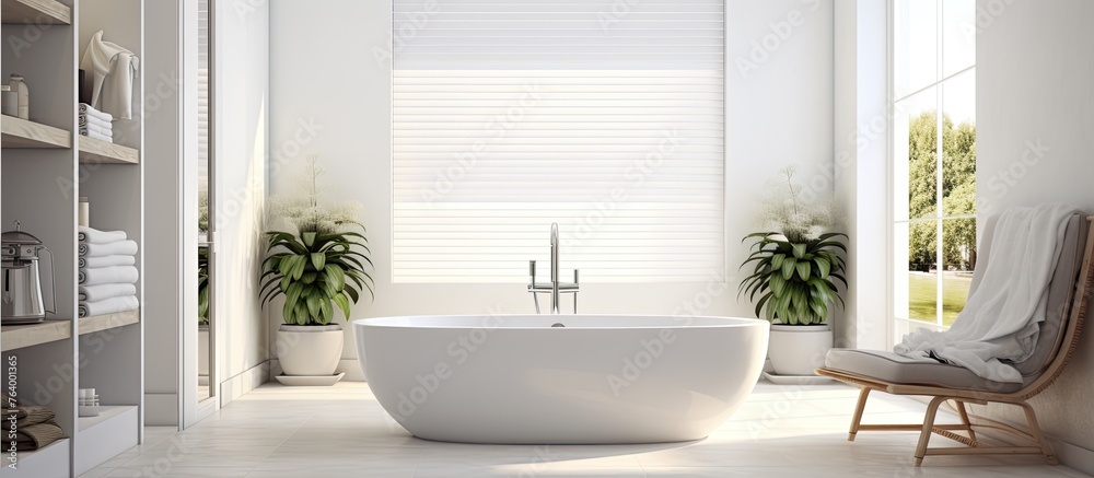 An arafed bathtub is placed in a white bathroom, accompanied by a chair and a window for natural light An arafed bathtub is placed in a white bathroom, accompanied by a chair and a window for natural light