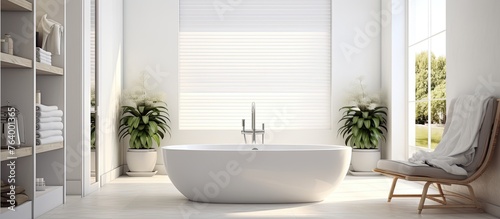 An arafed bathtub is placed in a white bathroom, accompanied by a chair and a window for natural light