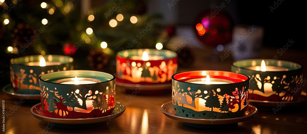 Candles are placed on a table with a festive Christmas tree in the background