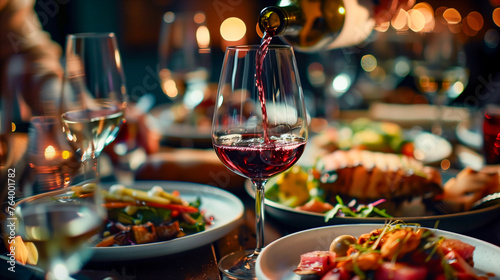 A close-up of a wine bottle and glass set against a bokeh of a festive table setting  showcasing the elegance of fine dining.