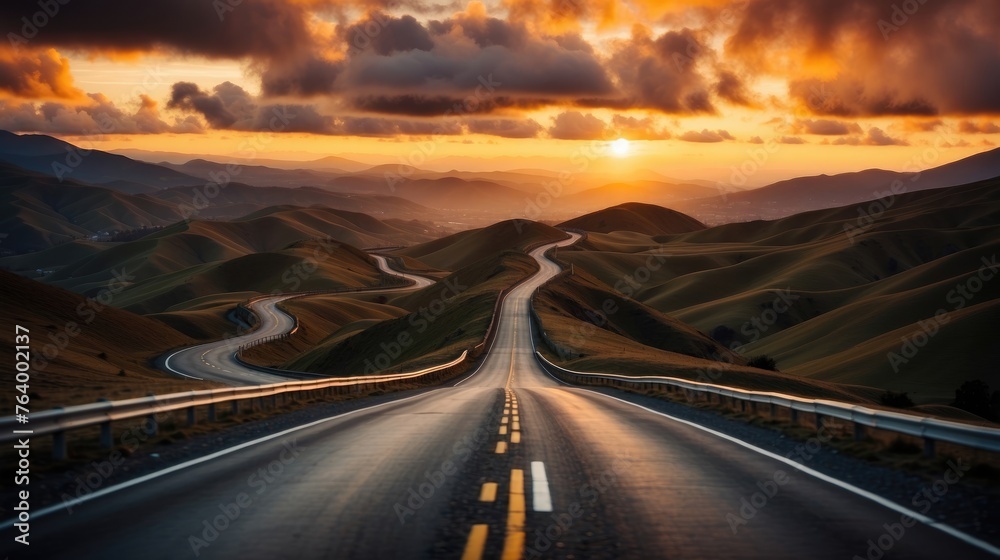 Sunset Journey: Winding Road Through Golden Rolling Hills