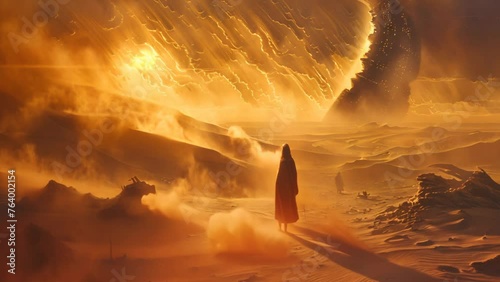A lone wanderer walking in the desert sandstorm in a fantasy landscape photo