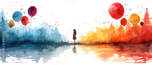 A poetic scene with a child's silhouette holding balloons over a watercolor backdrop represents innocence and joy amidst a carefree environment