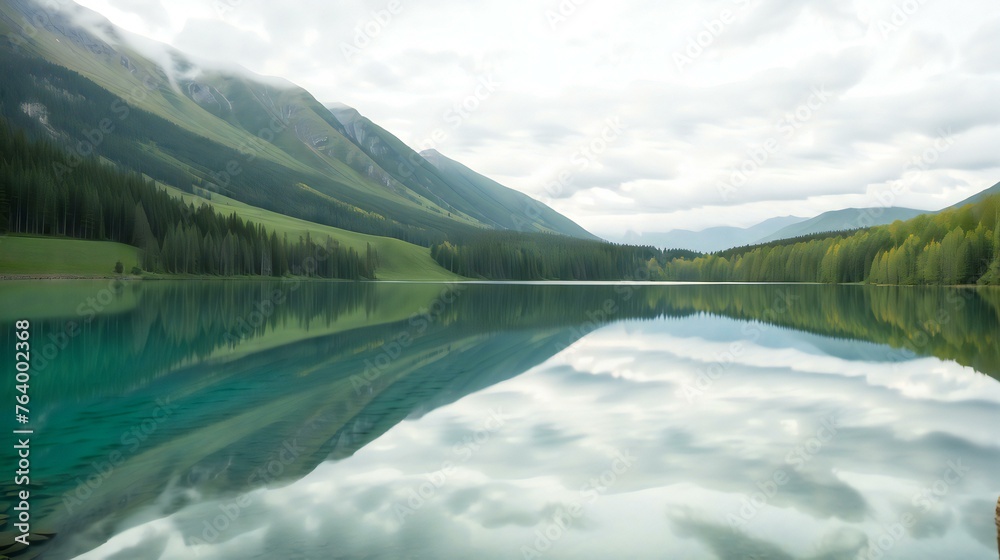 Reflective Solitude: Mountain Lake Mirroring the Peaceful Landscape