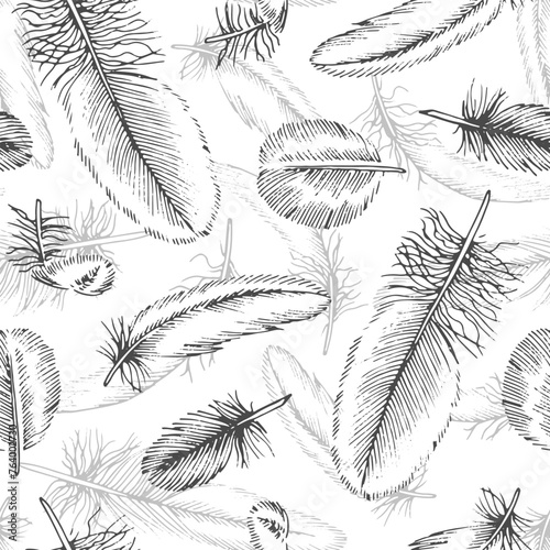 Feather Vector seamless Pattern. Outline illustration of quills background. Black and white line art of bird plumes. Hand drawn graphic sketch. Linear drawing of vintage print