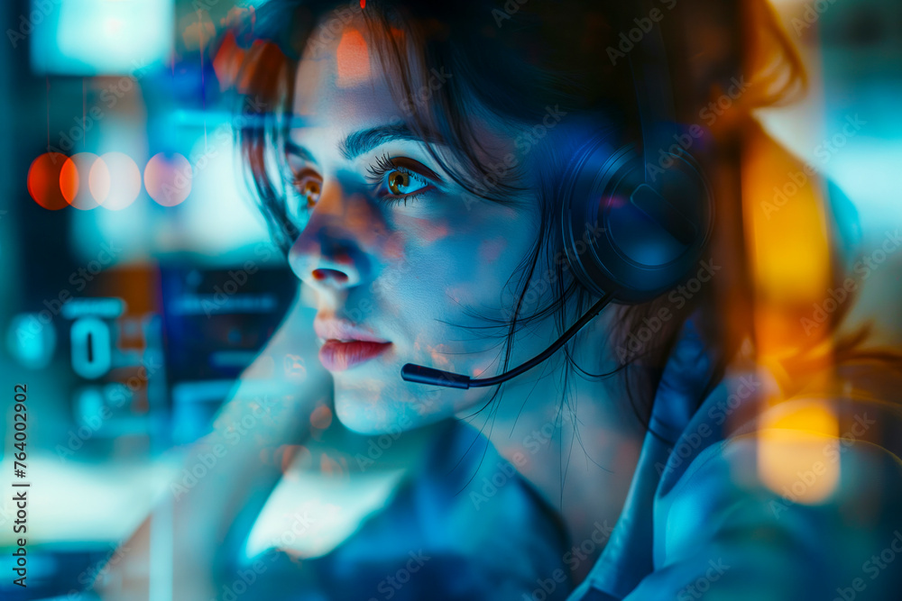Diligent female call center agent, focused and dedicated, managing tasks on a computer within the central customer service hub. Diligent female call center agent, focused and dedicated, managing tasks on a computer within the central customer service hub.