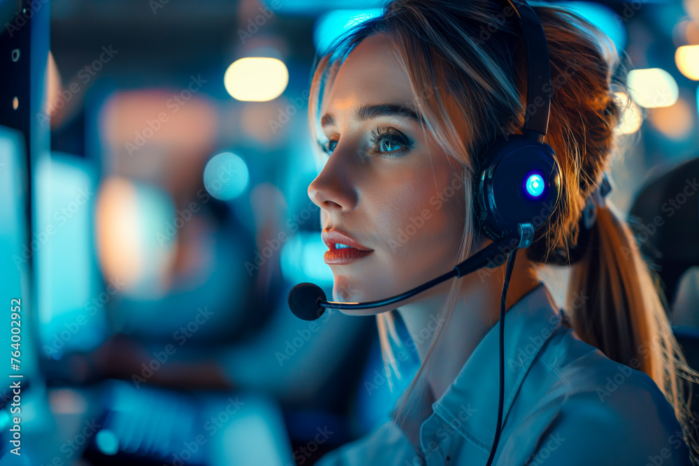 Diligent female call center agent, focused and dedicated, managing tasks on a computer within the central customer service hub. Diligent female call center agent, focused and dedicated, managing tasks on a computer within the central customer service hub.