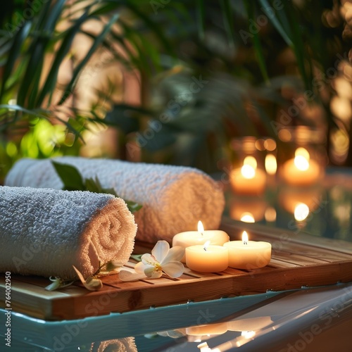 Cozy and inviting spa setup featuring soft towels and lit candles with a gentle reflection on water, ideal for restorative spa marketing.